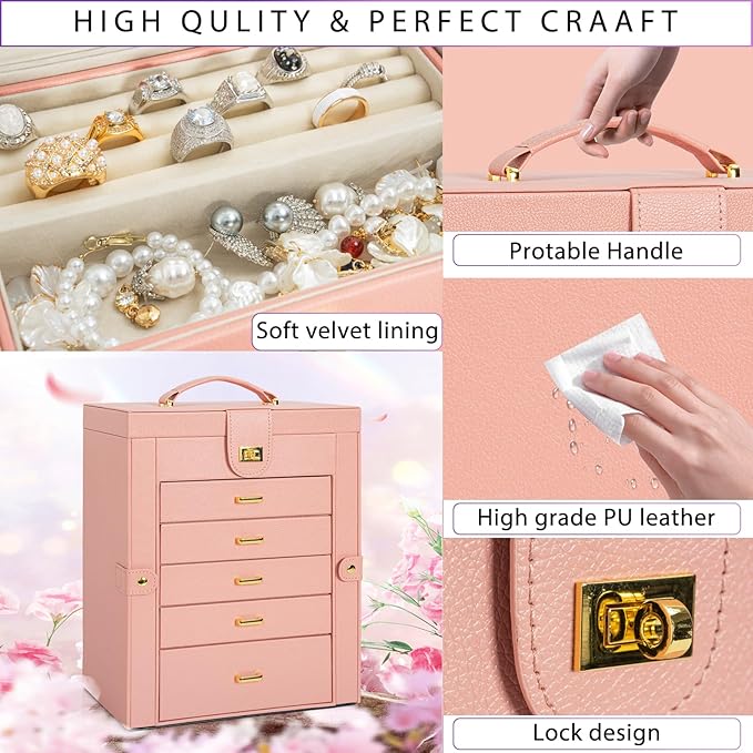 AKOZLIN Large Jewelry Box Organizer Functional Lockable with Big Mirror, Leather Jewelry Storage Case for Women Girls Ring Necklace Earring Bracelet Holder Organizer Pink