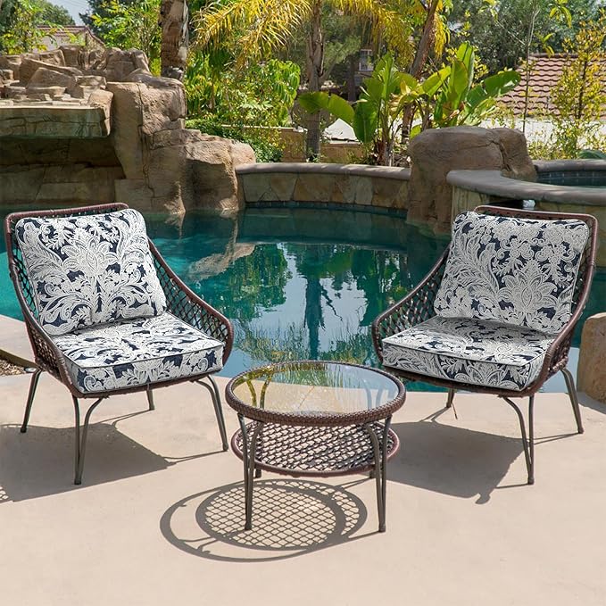 Outdoor Deep Seat Cushions Set 22 x 22 Inch for Patio Furniture,Water Resistant Chair Cushions Replacement Includes Seat Cushion & Back Pillow for Couch Sofa, Wicker Chair - Damask Lapis