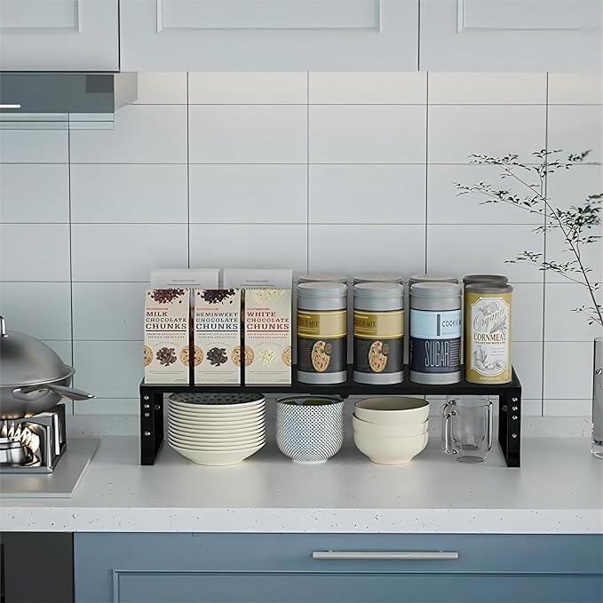 Expandable Spice Rack Organizion for Kitchen Cabinet, Seasoning,Bathroom Organizer Display Shelf, Stackable Multi-Purpose Shelves.Easy-to-Install（3Packs/Black,Medium