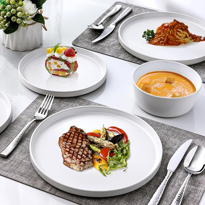 AmorArc Ceramic Dinnerware Sets for 6, Modern Flat Stoneware Plates and Bowls Sets,Chip and Crack Resistant | Dishwasher & Microwave Safe Dishes Set,Scratch Resistant- Service for 6 (18pc)-Matte White