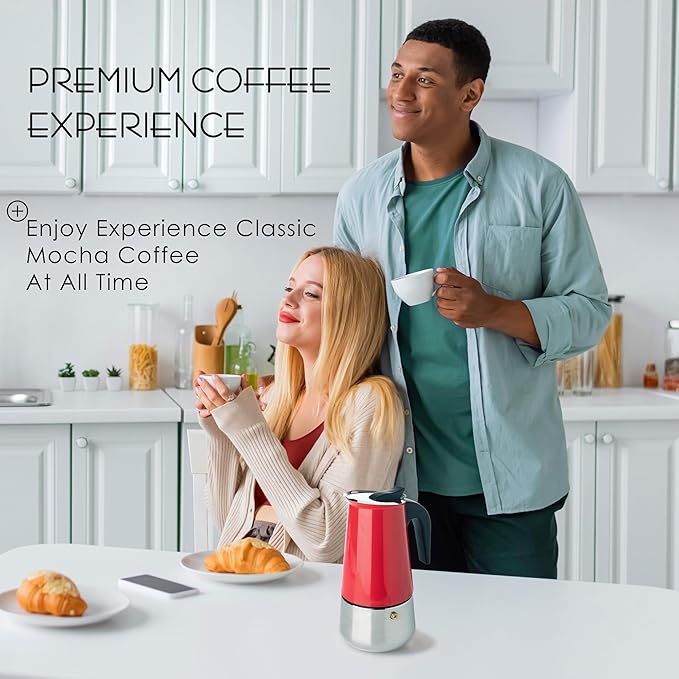 Mixpresso Red 9 Cup Greca Stovetop Espresso Pot 450ml/15oz, Moka Pot with Coffee Percolator Design, Stainless Steel Stove Top Coffee Maker for Camping or Home Use,Italian Stovetop Espresso Maker