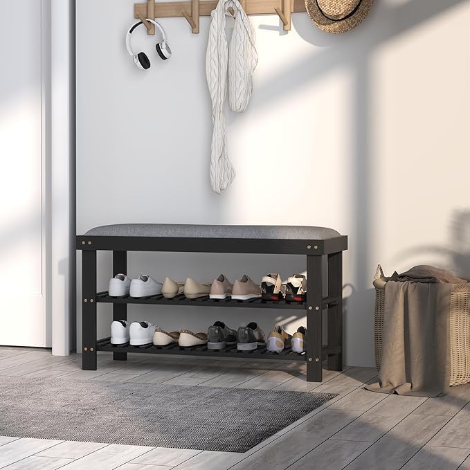 HOMCOM Bamboo Shoe Bench, 3-Tier Entryway Bench with Storage and Cushion, Shoe Organizer for Entryway, Hallway, Holds Up to 331 lbs, 35.4 x 11.4 x 19.3 Inches, Black