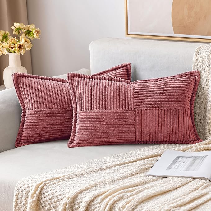 MIULEE Decorative Lumbar Throw Pillow Covers for Couch Bed Livingroom 12x20 Inch Set of 2 Cranberry Red Boho Accent Throw Pllows Broadside Striped Patchwork Soft Corduroy Pillowcases