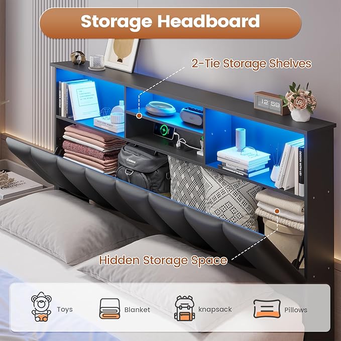 AOGLLATI Queen Bed Frame with Stylish Bookcase Headboard & Charging Station & LED Lights,Queen Size Bed Frame with 4 Drawers and Metal Slats, No Box Spring Needed,Black