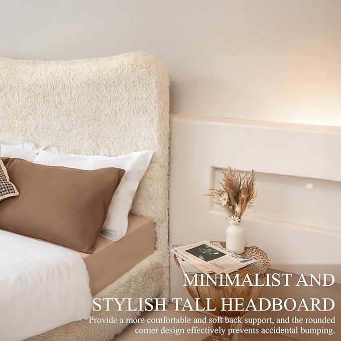 Brafab Twin Bed Frame with Headboard, Boho Fluffy Boucle Cloud Upholstered Platform Bed with Soft Rounded Corners and Wooden Slats, No Box Spring Needed, Noise Free, Easy Assembly, Beige