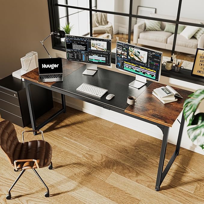 Huuger Computer Desk, 63 Inch Office Desk, Gaming Desk Writing Desk, Work Desk for Home Office, Study, Modern Simple Desk, Large Legroom, Metal Frame, Rustic Brown and Black