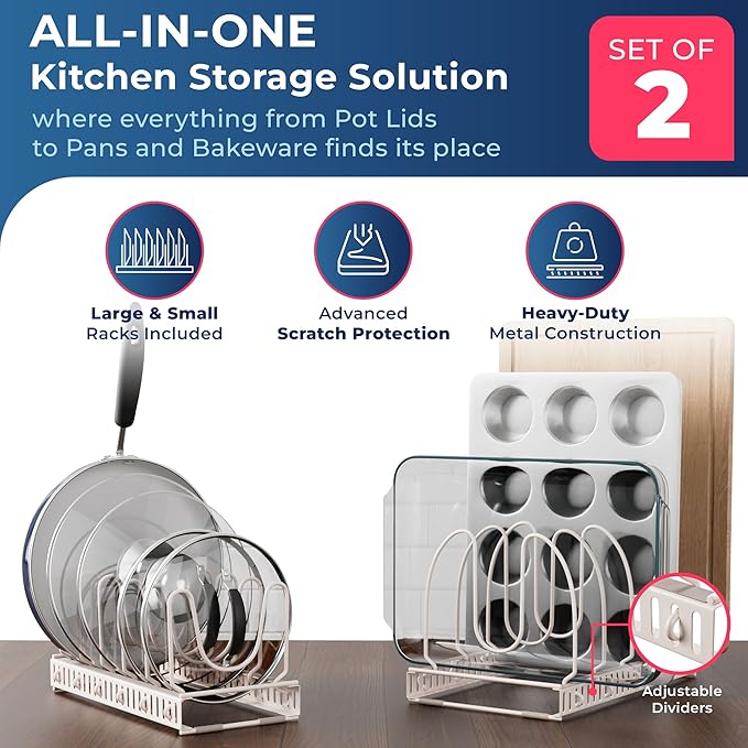 14 Compartments, 1 Large x 1 Compact Dual Rack Set - Pot and Pan Organizer Rack for Cabinet – Pot Lid Organizer for Kitchen Under Sink Drawer Pantry (White Sand, DUO SET)