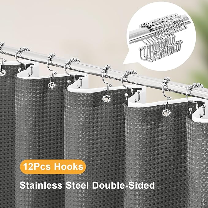 3 in 1 Shower Curtain Set, Charcoal Grey Waffle Fabric Modern Shower Curtain and PEVA Liner Set with 12 Stainless Steel Shower Curtain Hooks, Dark Grey, 72 W x 72 H