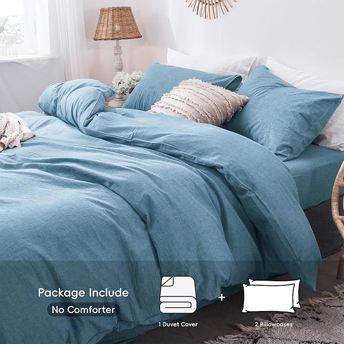 MooMee Bedding Duvet Cover Set 100% Washed Cotton Linen Like Textured Breathable Durable Soft Comfy (Heathered Peacock Blue, Palatial King/Oversized King 120"x98")