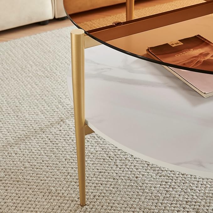 Shrine Modern Coffee Table with Glass Top, Round Table for Living Room, Two-Tier 30-Inch White Wooden Storage Coffee Table, Gold Table Legs Structure & Brown Glass Top