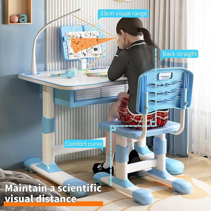 Study Desk Chair Set for Kids, Blue, Modern, Height Adjustable, Tiltable Reading Stand, Extra Large Drawer, LED Table Light