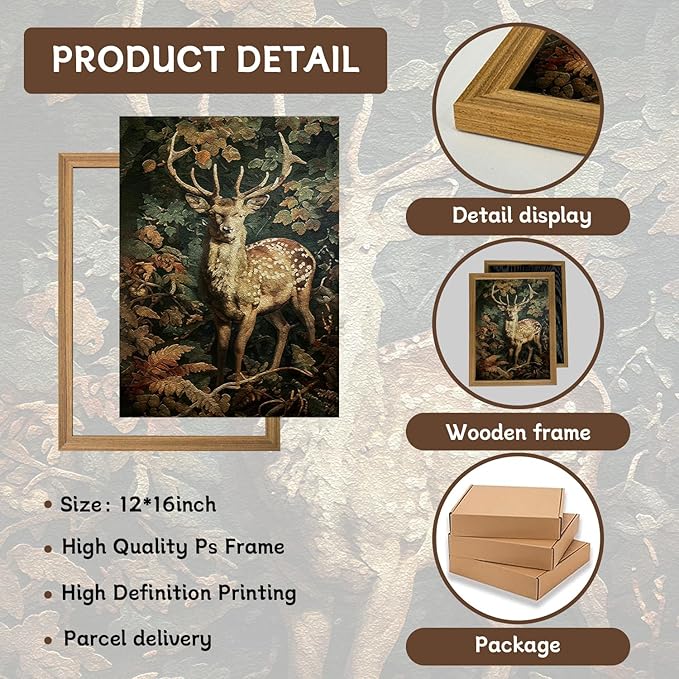 AKWISH Framed 3D Textured Vintage Wall Art - Dark Academia Decor Sika Deer Hand Drawn Sandstone Paintings with Botanical Florals, Aesthetic Wall Decor for Living Room Bedroom Home 12x16 inch