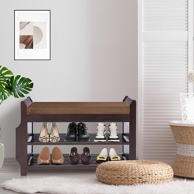 Bamboo Shoe Storage Bench, 3-Tier Shoe Rack with Padded Seat Cushion, Shoe Organizer Shelves for Entryway, Living Room, Bedroom, Hallway, Brown 31”