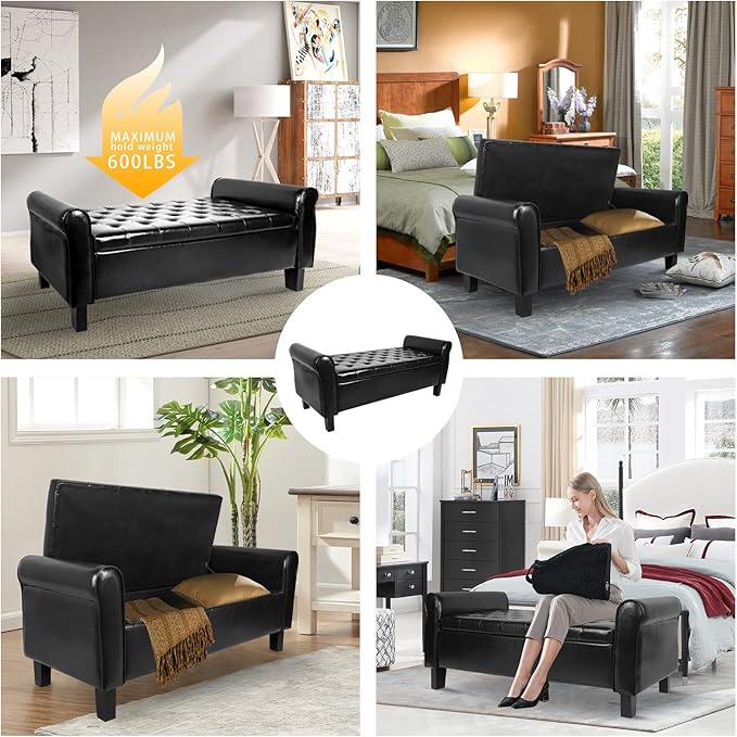 Storage Ottoman Bench with Arms, End of Bed Bench for Bedroom, Button Tufted for Entryway, Living Room,Hallway, Foot Rest (Black)