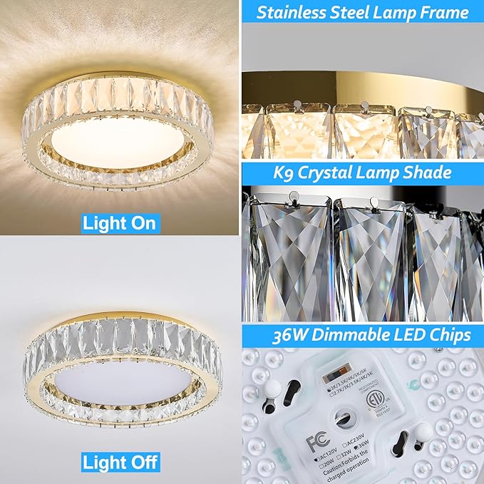 15 Inch Gold Modern Crystal Flush Mount Chandelier,Large Dimmable LED 5CCT 3000K-6000K 36W Round Close to Ceiling Lighting Fixtures for Dining Room,Kitchen,Living Room,Bedroom