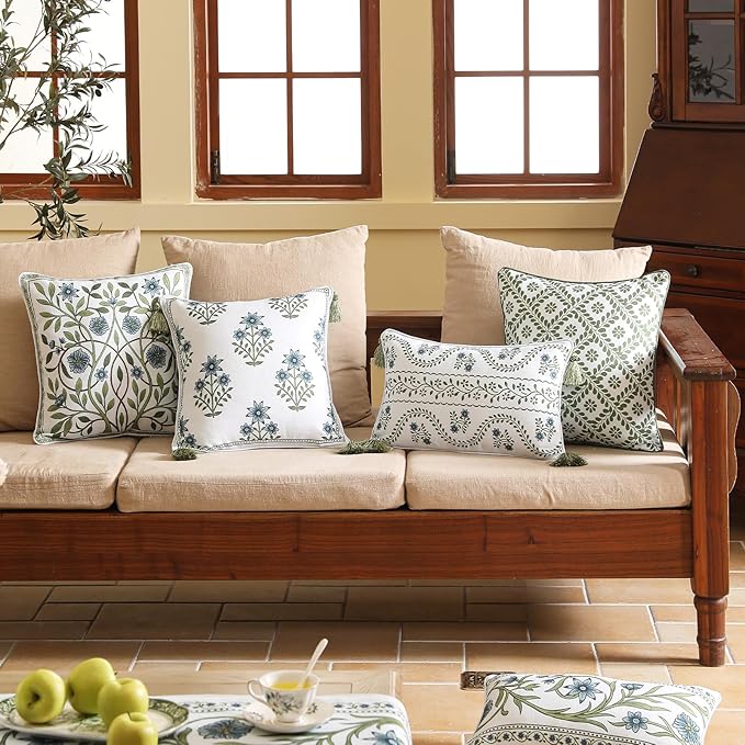 Design Fresh Linen Square Throw Pillow Covers 18"x18" Pack of 2, French White Cottage Cushion Covers with Green Branches Pattern Decoration Pillowcases for Bed,Living Room,Outdoor,Car