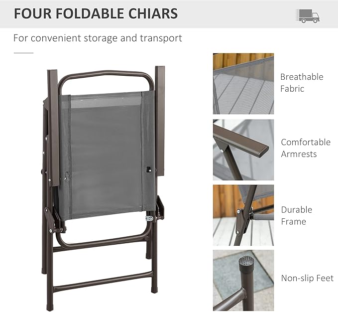 Outsunny 6 Piece Patio Dining Set for 4 with Umbrella, Outdoor Table and Chairs with 4 Folding Dining Chairs & Round Glass Table for Garden, Backyard and Poolside, Gray