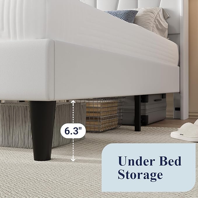 Allewie King Size LED Bed Frame with Charging Station, Velvet Upholstered Platform Bed with Geometric Wingback Headboard, Modern Frame with No Box Spring Needed, Easy Assembly, White