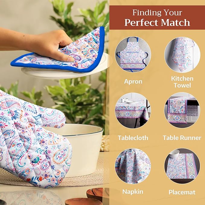 Maison d' Hermine Oven Gloves 100% Cotton Oven Mitt 7" x 13" with Loop Heat Resistant, BBQ, Cooking Gloves, Baking, Grilling, Kitchen, Handling Hot Pans Spring/Summer (Pack of 1, Indian Floral)