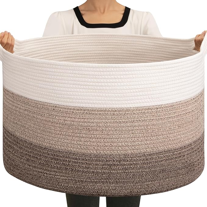 OIAHOMY Extra Large Storage Basket, 23" x 13" Woven Blanket Storage for Living Room, Round Laundry Basket for Pillow - Gradient Brown