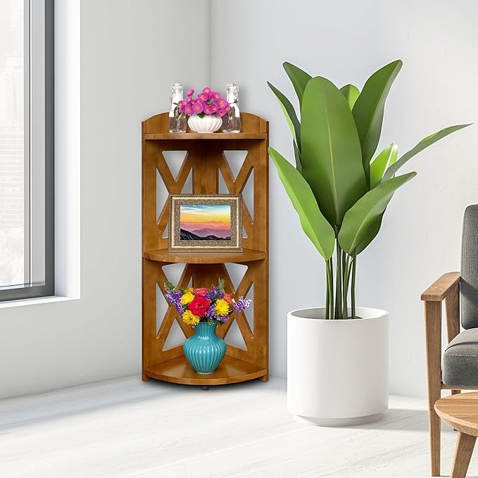 Corner Shelf Stand, Corner Bookshelf, Small Corner Shelves by Natural Wood, Plant Stand, Corner Bookcase for Living Room, Home Office, Bedroom, (Brown, 3 Tier X)