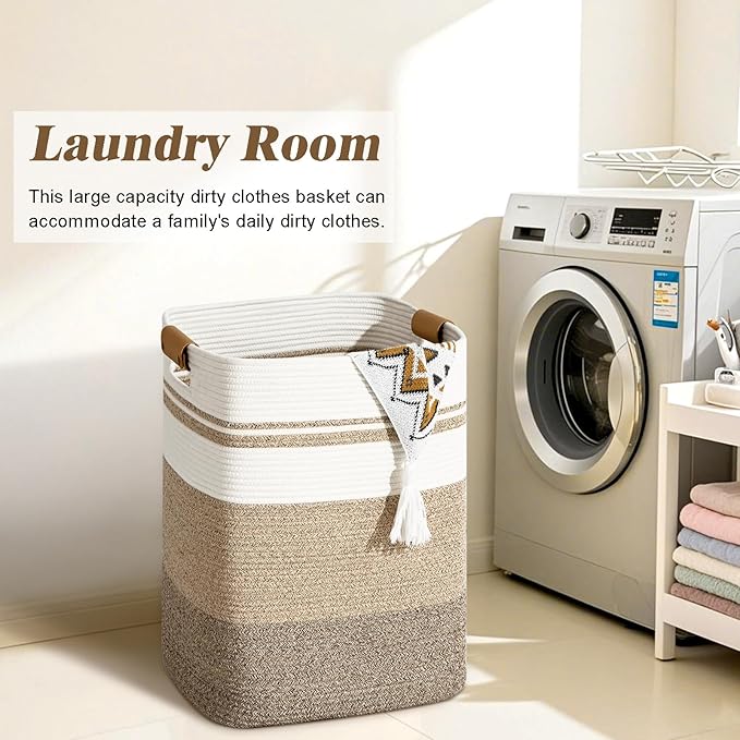 Laundry Hamper, 95L Tall Laundry Basket with Leather Handles, Rectangle Large Clothes Hamper for Organizing, Cotton Woven Laundry Baskets Storage Hampers for Bedroom, Nursery, Living Room