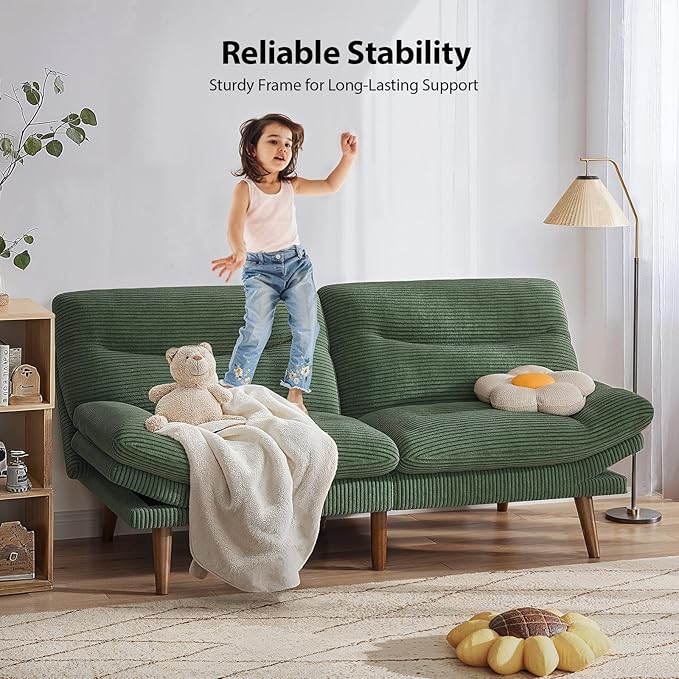 Pipishell Futon Sofa Bed, 73" Convertible Futon Couch, Adjustable Backrest & Armrests, Corduroy Recliner Sleeper Sofa for Small Spaces, Living Room, Office, Guest Room (Green, 73 Inch)