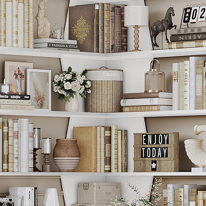 75" Corner Bookshelf, 6-Tier Modern Bookshelf and Bookcase, Tall Bookcase Open Display Storage, L Shaped Corner Shelf for Library, Living Room, Home Office, White