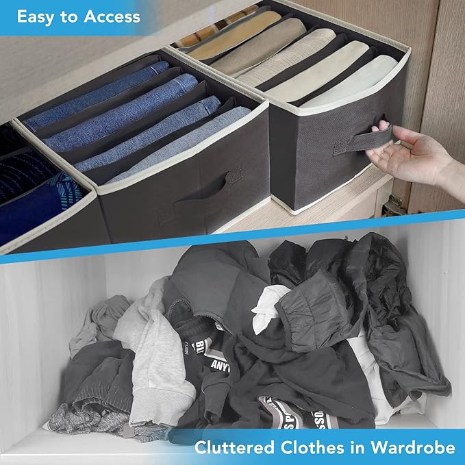 3 Pcs Large Size Wardrobe Clothes Organizers 6 Grids for Pants, Jeans, Sweater, T-shirt, Dress Stackable Closet Drawer Organizer Storage Bin Container with Sturdy Handles, Black