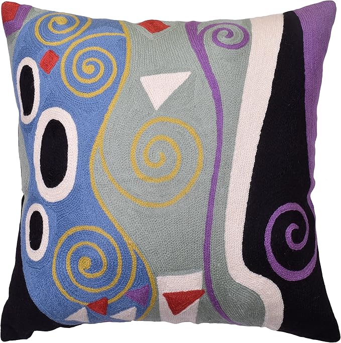 Klimt Blue Marine Modern Pillow Cover | Contemporary Chair Cushion | Modern Blue Sofa Pillowcase | Modern Outdoor Pillows | Mid Century Chair Cushions | Hand Embroidered | Wool Size 18x18