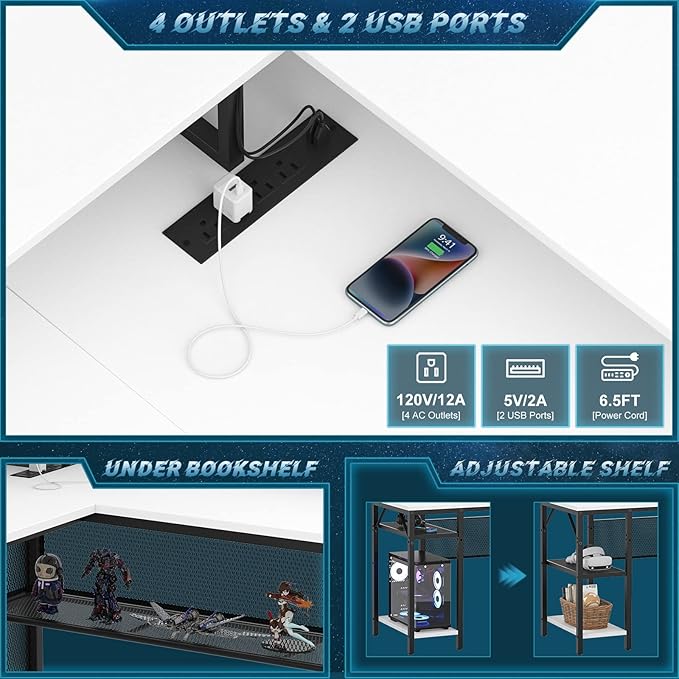 Unikito L Shaped Computer Desk with LED Strip and Power Outlets, Reversible Corner Desk with Monitor Stand and Storage Shelf, Modern Gaming Home Office Table with USB Ports, White