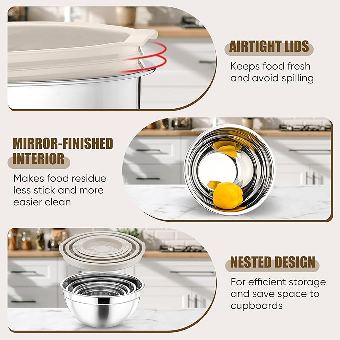 P&P CHEF Mixing Bowl with Airtight Lid Set of 5, 10-Piece Stainless Steel Nesting Salad Bowl Set for Prepping, Mixing and Serving, Size 4.6, 3, 1.5, 1, 0.7 QT, Rimmed Edges & Flat Base, Khaki