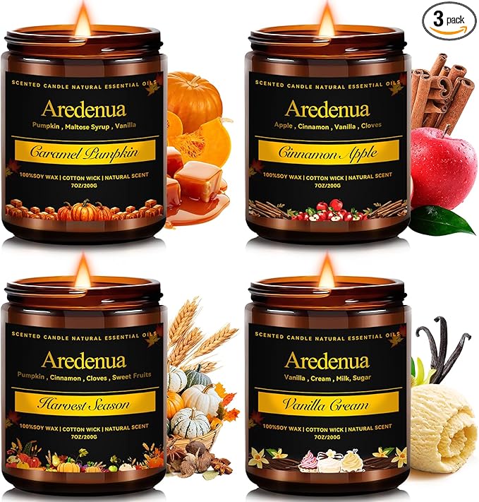 Fall Candle Set | 4 Pack Autumn Scented Candles for Home - Candle Fall Gifts for Women Men, Soy Candles for Home Scented - Autumn Scent of - Pumpkin/Cinnamon Apple/Harvest/Vanilla Cream