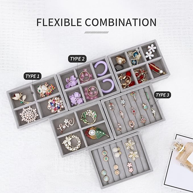 DesignSter Small Jewelry Tray, 2PCS Ring Organizer, Velvet Jewelry Display Tray, Stackable Jewelry Organizer Trays, Jewelry Drawer Organizer Inserts For Dresser, Jewelry Box (Gray)