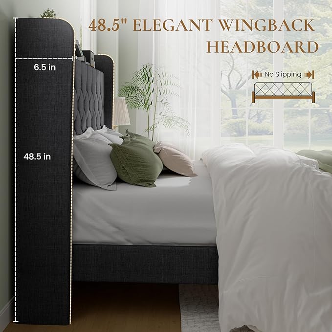 SHA CERLIN Full Size Platform Bed Frame with Charging Station, Velvet Wingback Headboard with Storage shelf, Wooden Slats Support, Ample Under-Bed Space, No Box Spring Needed, Easy Assembly, Dark Grey