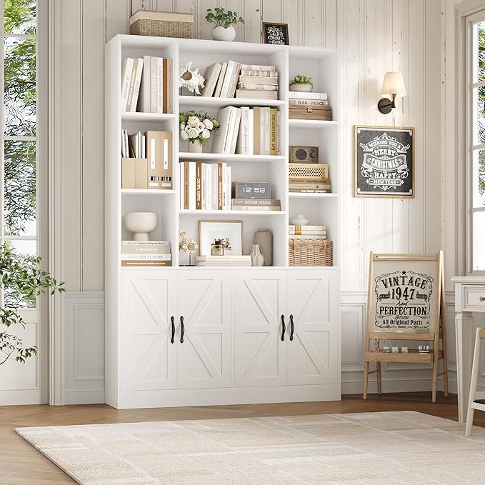 HOSTACK 75” Tall Book Shelf and Bookcase, White Bookshelf with Storage Cabinet, 47” Wide Bookcase with 4 doors, Standing Display Shelves, Modern Farmhouse Book Case for Living Room, Home Office, White