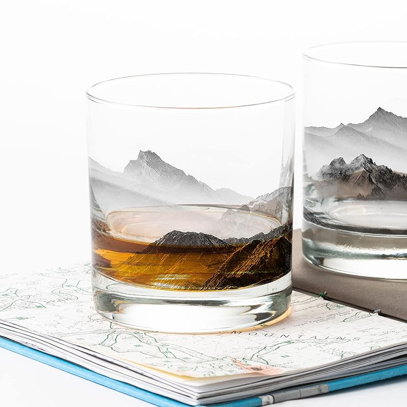 Set of 2 Whiskey Glasses by Black Lantern - Old Fashioned Glasses for Cocktails Whisky Scotch and Bourbon, Two Premium 11oz. Tumbler Glasses with Mountain and Clouds Screen Printed Design