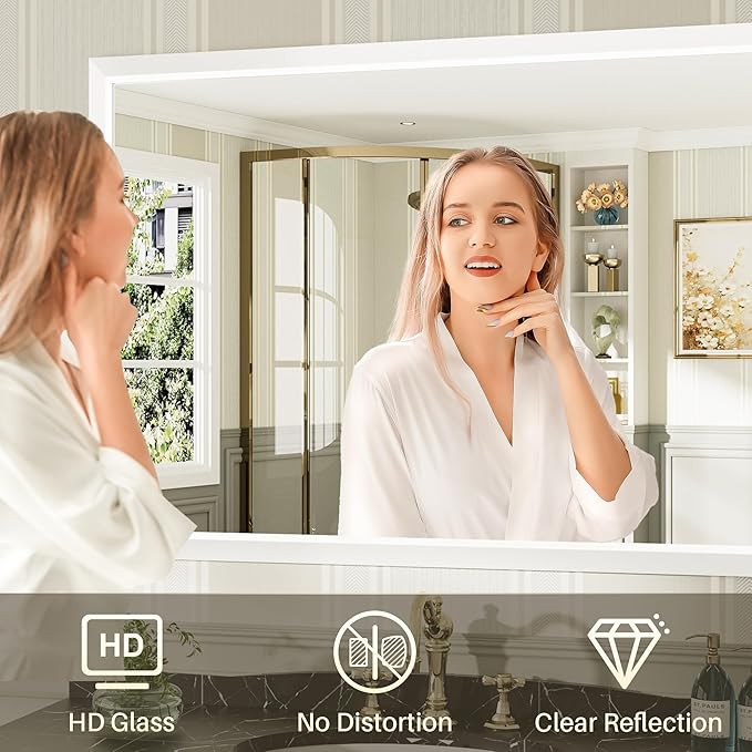 40x30 Inch White Bathroom Mirror for Wall, Thick Metal Framed Rectangle Mirrors for Over Sink, Bedroom, Living Room, Entryway, Anti-Rust, HD Tempered Glass