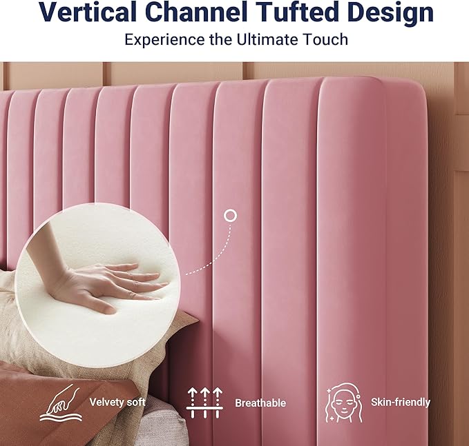 Allewie Twin Bed Frame, Velvet Upholstered Platform Bed with Adjustable Vertical Channel Tufted Headboard, Mattress Foundation with Strong Wooden Slats, Box Spring Optional, Easy Assembly, Pink