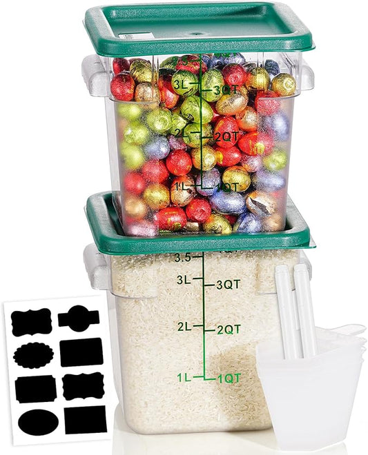 4QT NSF Food Storage Containers: 2 PCS [Food Grade][Hot&Cold Resistant] Commercial Clear Square Food Storage Containers with Scales Handles for Home Restaurant Kitchen Proof Dough(BPA FREE-GREEN)