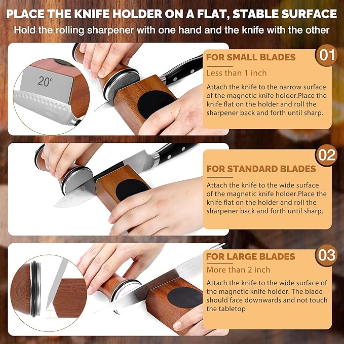 Rolling Knife Sharpener Kit, Knife Sharpener Tool with Replaceable Discs Diamond & Ceramic,15 & 20 Degree Multi-Purpose Magnetic Base, Suitable for Small, Medium, and Large Knives