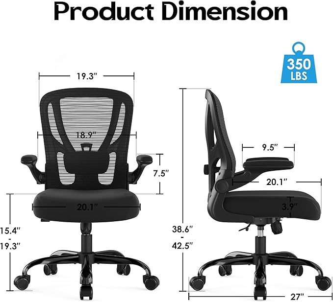 Office Chair Ergonomic Desk Chair - Mesh Computer Chair Breathable Task Chair with Wheels Adjustable Lumbar Support Home Desk Office Chairs with Flip up Armrest Executive Rolling Swivel Black