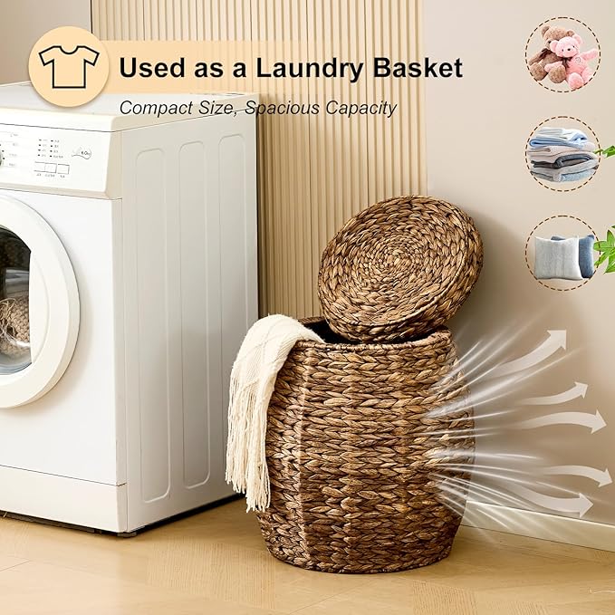 Round Wicker Basket with Lid, Handwoven Hyacinth Storage Basket, Blanket Organizer Basket for Laundry, Bathroom, Bedroom, Living Room, Office