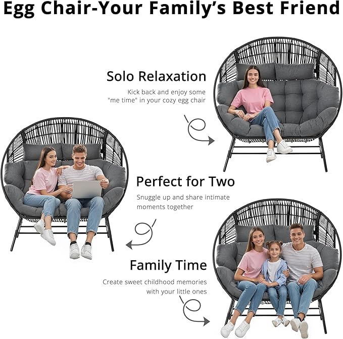 IRONCK 2 Person Egg Chair Outdoor Indoor, Oversized Double Wicker Lounge Chair, Thickened Padded Cushions and Headrests, 680Lbs Egg Loveseat for Patio, Balcony, Living Room, Porch, Gray