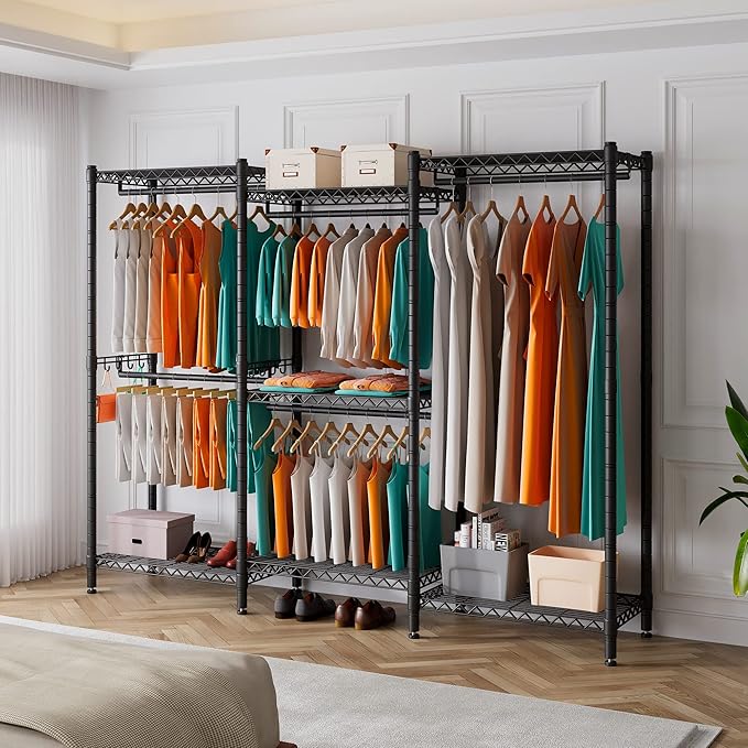 PUNION GR7 Plus Large Portable Closet Wardrobe Heavy Duty Clothes Rack, Freestanding Wardrobe Closet with 5 Hang Rods & 7 Shelves, 2 Hooks, Adjustable Clothing Rack, 86"L x 18”W x 77”H, 1500LBS, Black