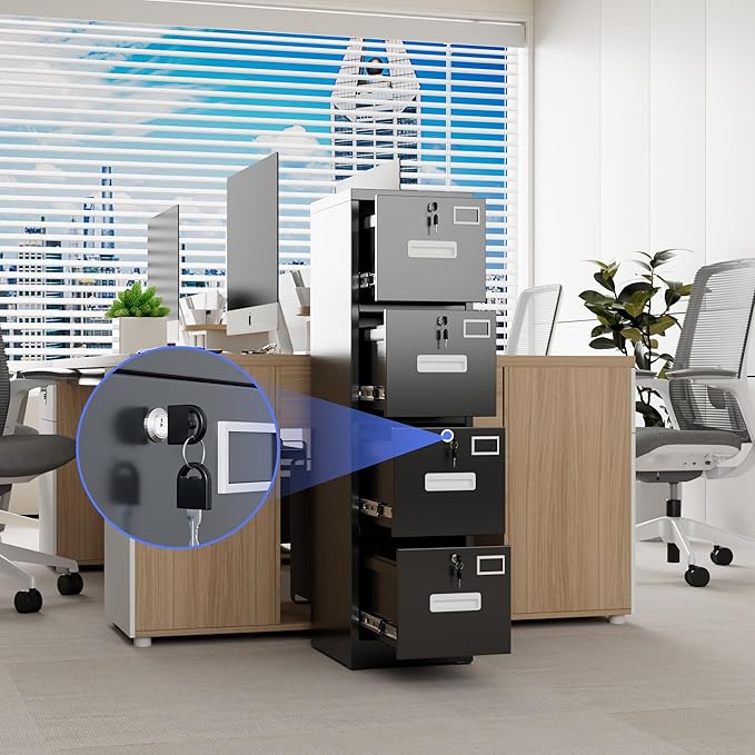 4 Drawer File Cabinet, Metal Vertical Black Filing Cabinets with Locks for Home Office with Name Card Holder for A4 /F4 Size/Letter/Legal Size, Assembly Required(Black)