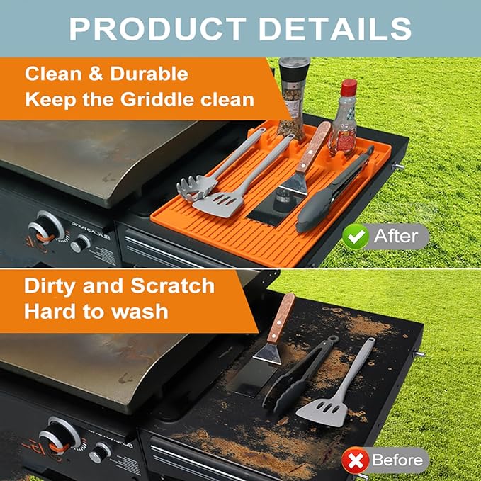 Silicone Griddle Tools Mat for Blackstone，Side Shelf Heat Resistant Spatula Mat，16x11.5 Inch Large Silicone Grill Pad with Drip Pad(Orange)