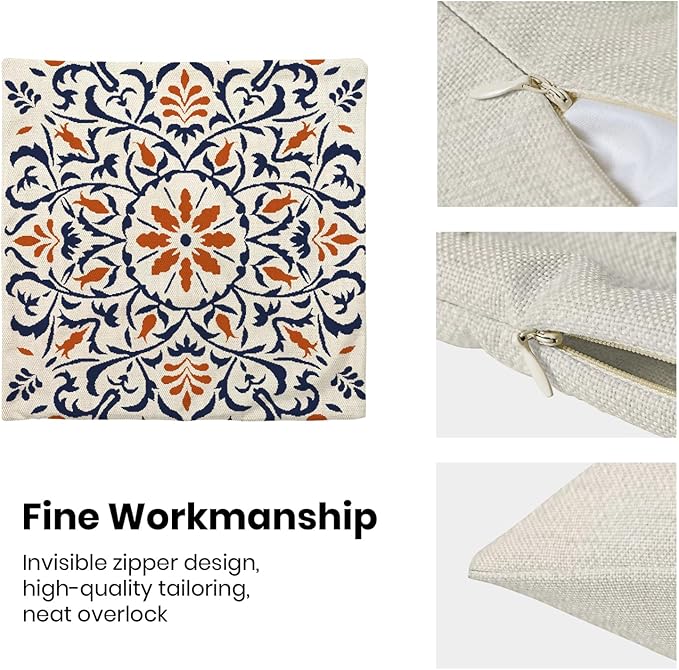 Navy Blue Orange Boho Pillow Covers 18x18 Set of 2, Bohemian Ethnic Carpet Pattern Design Decorative Throw Pillows Linen Blue Print Farmhouse Cushion Pillow Covers for Sofa Couch Outdoor Decor
