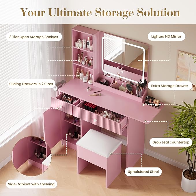 Vanity Desk with Mirror and Lights, Pink Makeup Vanity with Charging Station, Dressing Table Set with Storage Chair, Drawer Shelves, and Foldable Panel for Compact Space Bedroom, Pink