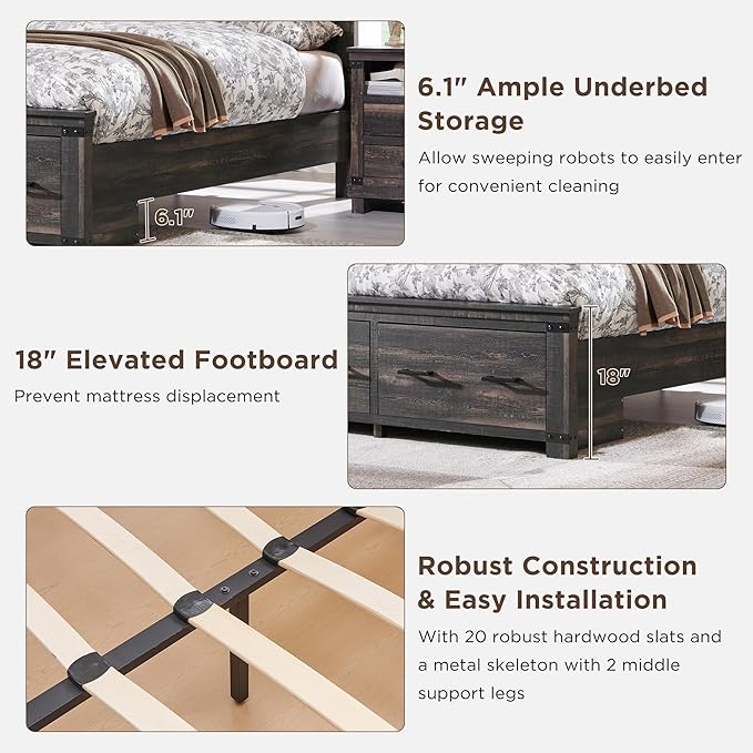 RedLemon Farmhouse Queen Size Bed Frame w/ 54" Tall Geometric Headboard, Rustic Wood Platform Bed w/ 2 Large Storage Drawers, Wood Slats Support, Noise Free, No Box Spring Needed, Dark Rustic Oak